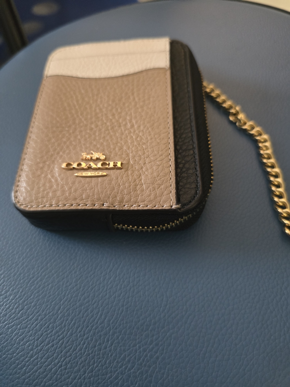 Coach Tricolor Leather Card Case with Gold Chain - Taupe Black Cream